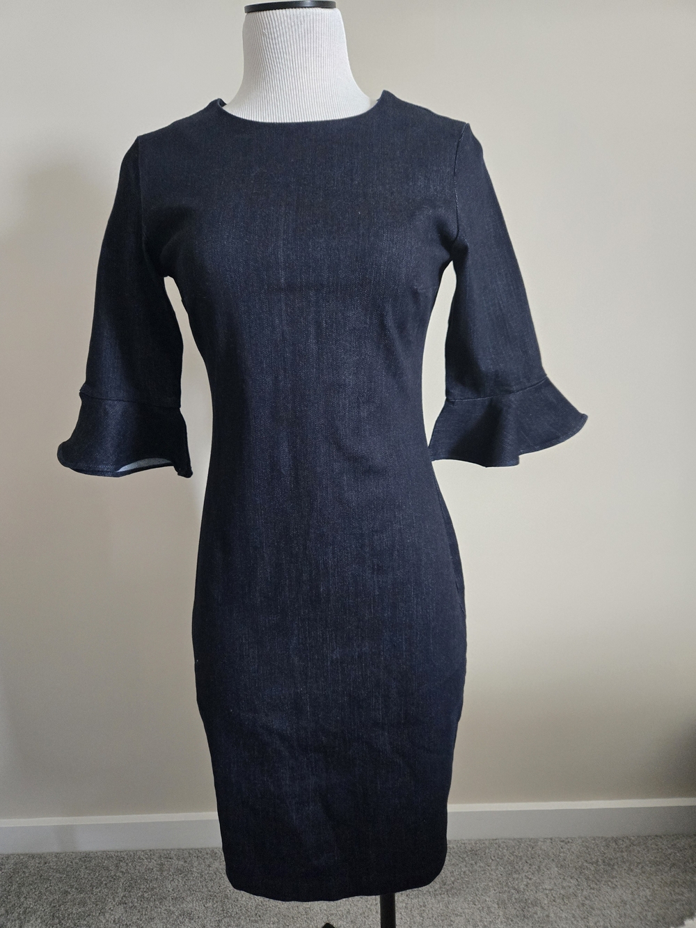 Banana Republic Navy Denim Midi Sheath Dress with Ruffle Sleeves